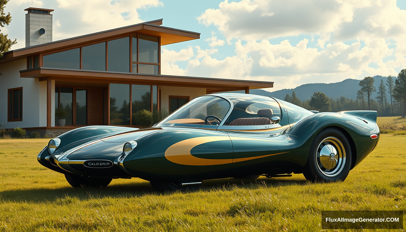 A radical concept car from the 1960s sitting in front of a mid-century modern house, as painted by Syd Mead, in a country setting, in 4k, with a bubble canopy, retractable landing gear, and an amazing paint job. - Image