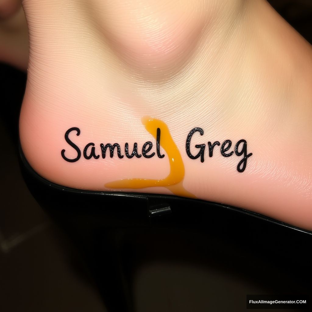 The name "Samuel Greg" on a woman's foot in a black high heel. There is oil all over the foot. - Image