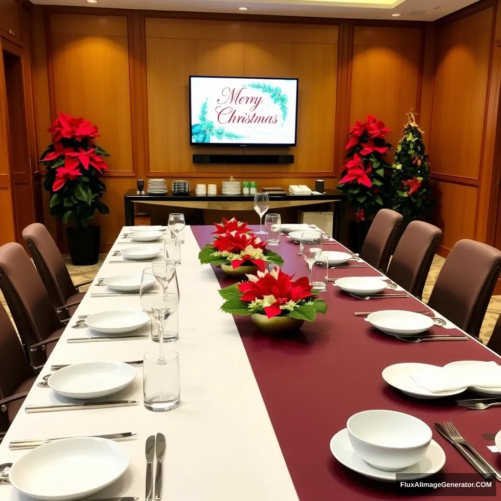 Photograph of a formal dining setup in a luxurious room. The long dining table is set with plates, bowls, glasses, napkins, and chopsticks, but no forks or spoons. The background features a buffet table with various items, a mounted TV displaying a Christmas greeting, and red poinsettia plants adding a festive touch. The room has wooden paneled walls, and there are no Christmas trees present. - Image