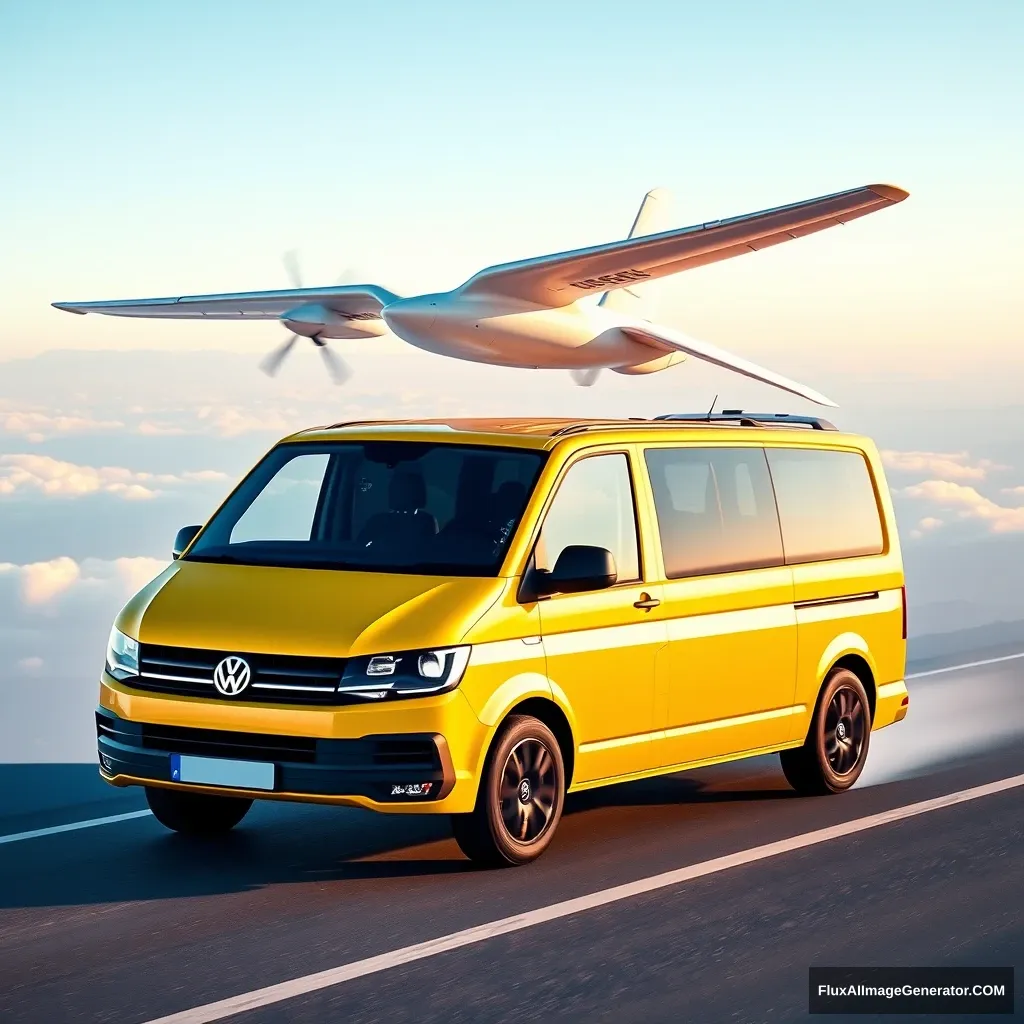 'VW T5 Multivan, yellow, flies, airplane wings.'