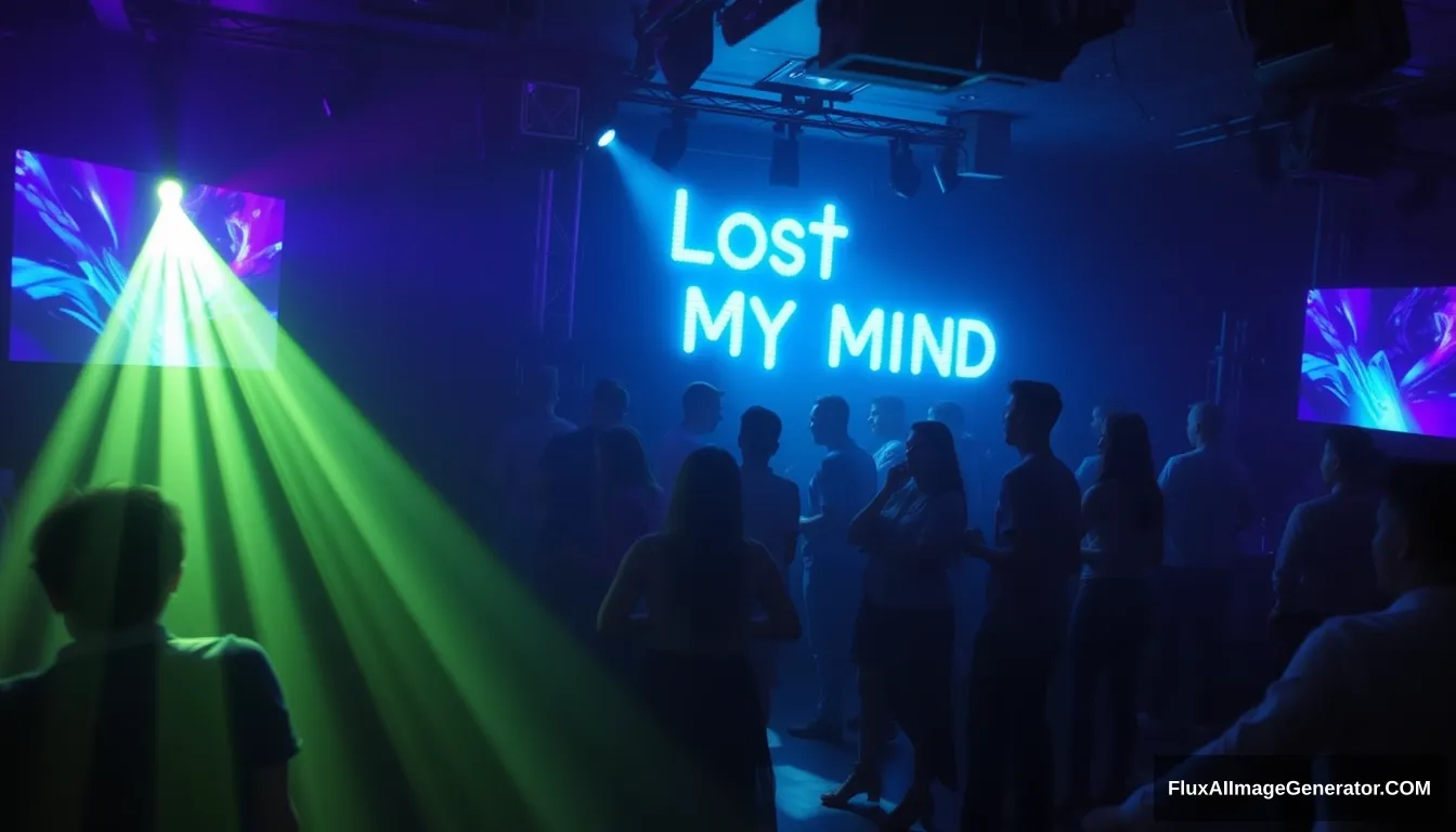 I lost my mind in the club, people dancing, glowing 3D text saying "Lost My Mind", DJ Technosapien.