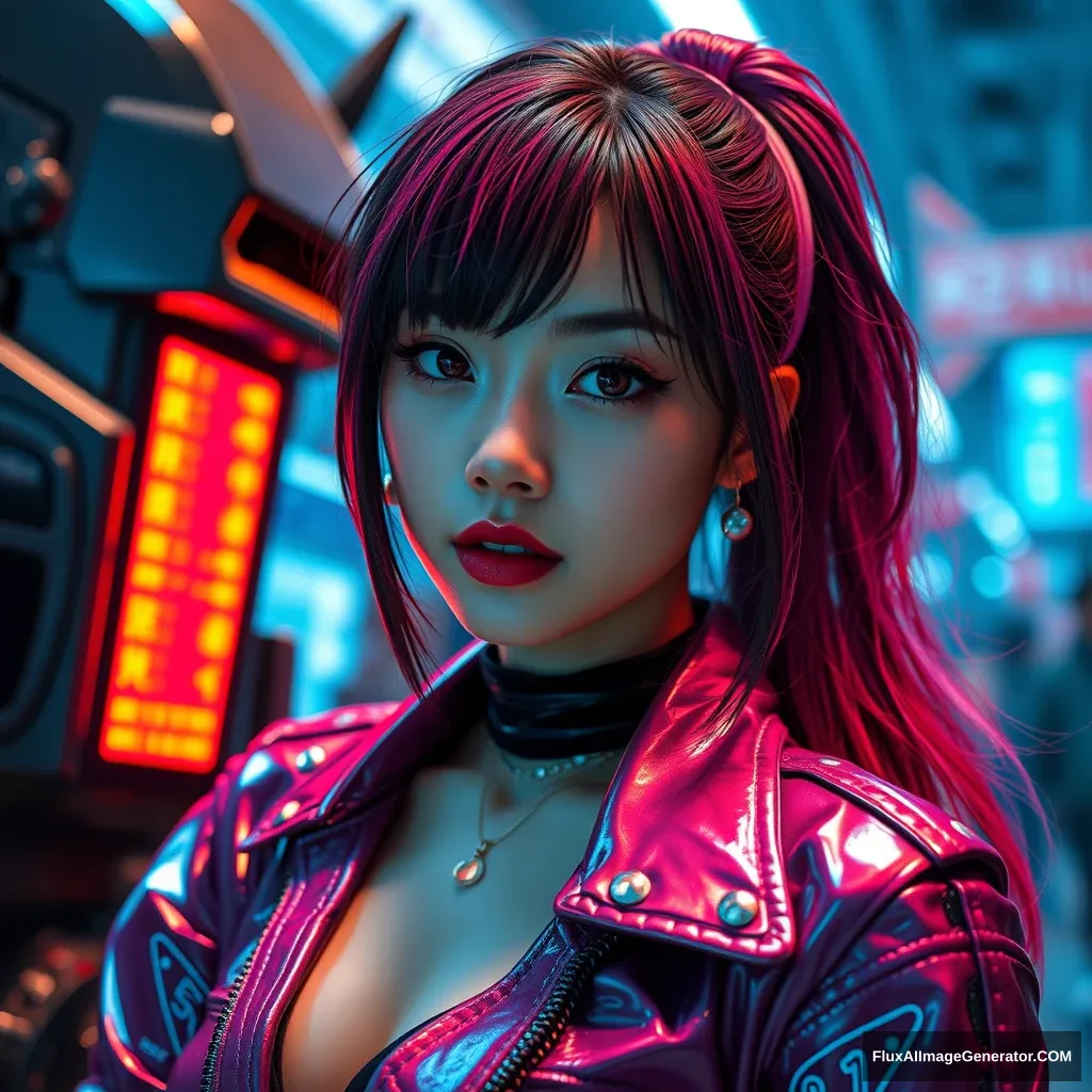 Asian supermodel posing in front of the camera, sci-fi anime style, life-size characters, shiny/glossy, aurora punk, leather/hiding, romantic academia, steel. - Image