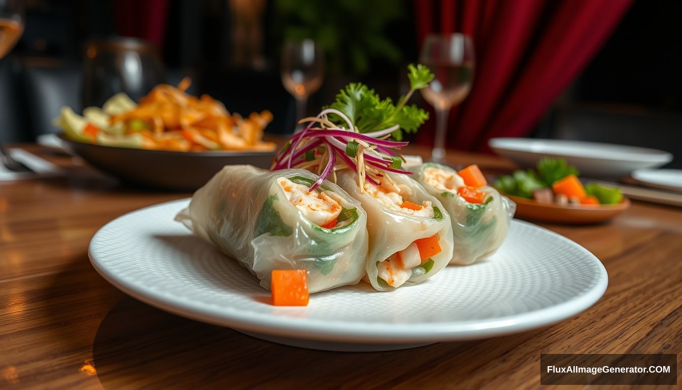 Highly detailed and sharp image of Seafood spring roll, plated on a white textured plate. The plate is resting on a wooden table, with the scene zoomed out to reveal more of the surrounding space. The background includes dark areas with a hint of red drapes, providing a contrast that enhances the vibrant colors of the dish. The overall atmosphere is elegant and appetizing, capturing the intricate details of the salad and the dining setting. - Image