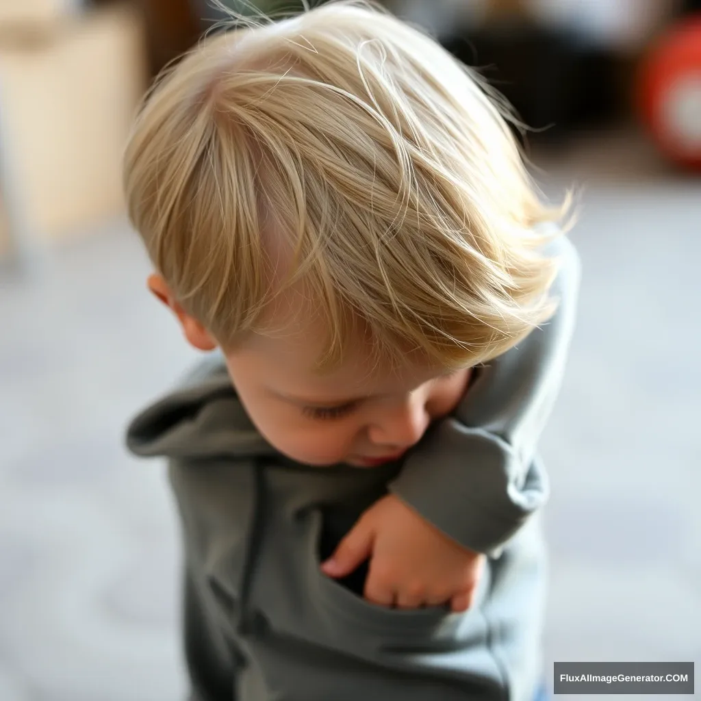 A small blonde-haired boy looking into his trouser pocket.