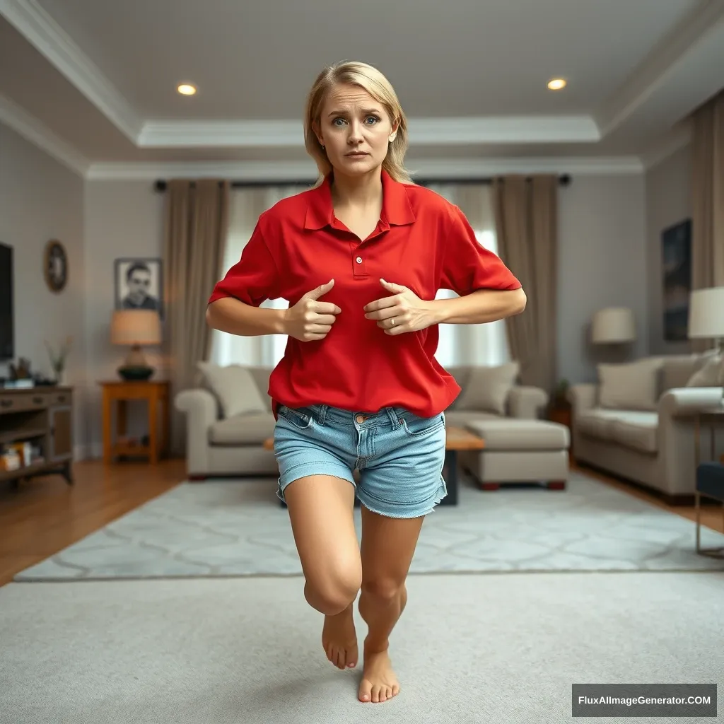 Front view of a blonde skinny woman who is in her massive living room wearing a massively oversized red polo T-shirt which is very off balance on one of the shoulders and it's also untucked. She is also wearing light blue denim shorts that are knee-height, and she is wearing no shoes or socks. She faces the camera while looking worried and runs towards the camera with both her arms straight down on her hips.