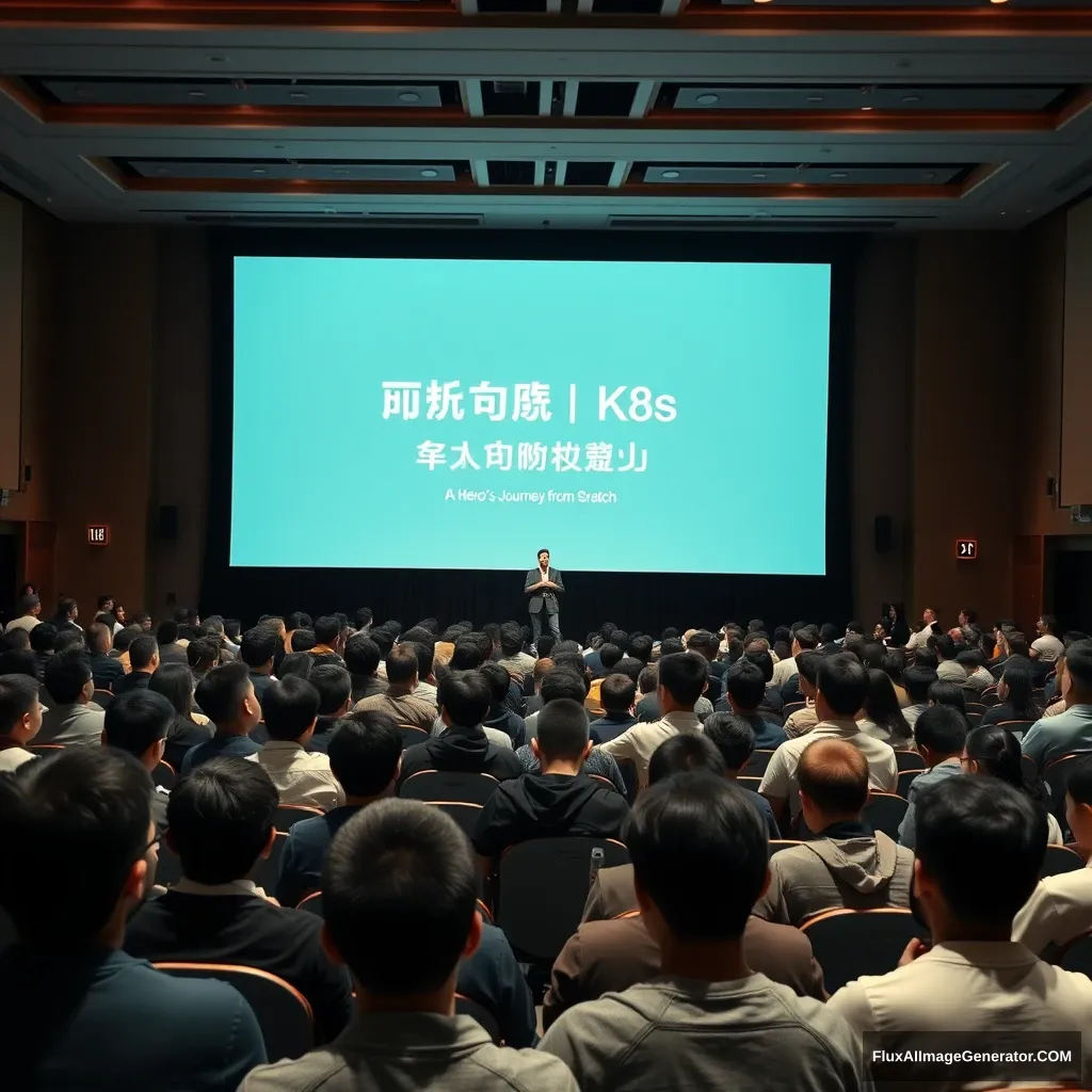 A large conference room is packed with young attendees. On the stage, a speaker stands in front of a large screen that displays the Chinese text "Starting K8s: A Hero's Journey from Scratch." The audience is fully engaged, listening intently to the speaker. The room is dimly lit, but the stage lights are bright, illuminating both the speaker and the screen. This scene conveys an atmosphere of knowledge sharing and learning.