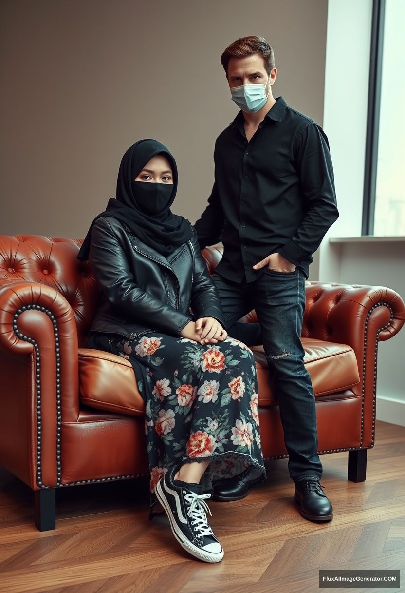 A girl in a black hijab and burqa, short in stature, with beautiful eyes, wearing a black leather jacket, the longest floral dress, and black leather sneakers, is sitting on a leather single-wing sofa. Jamie Dornan, tall and wearing a black shirt, jeans, and black leather sneakers, with a face mask on and a fit body, is standing near her. Hyper-realistic, studio photography. - Image