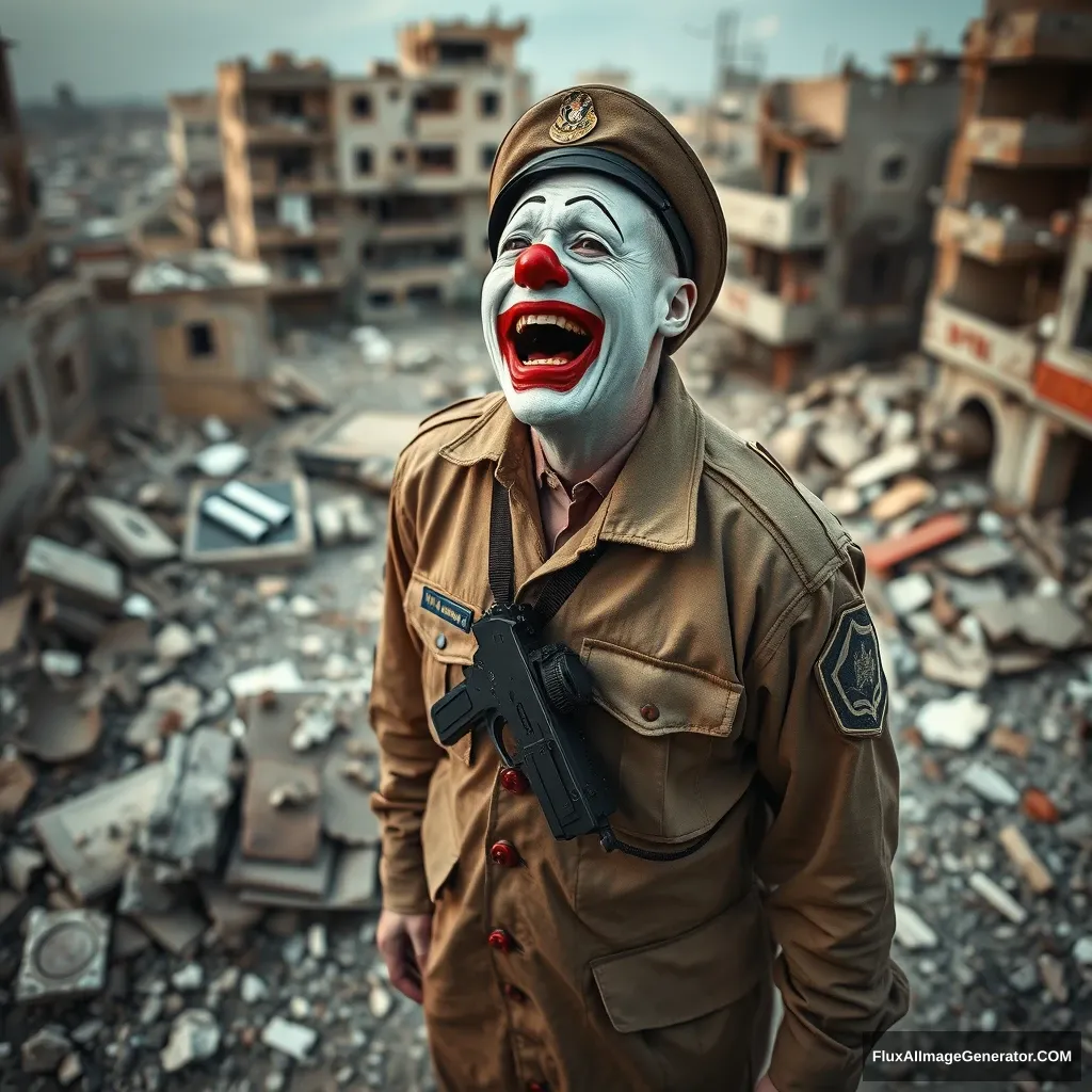 A crying clown in an IDF uniform standing in the middle of a destroyed city in ruins, laughing hysterically. View from slightly above and from some distance.