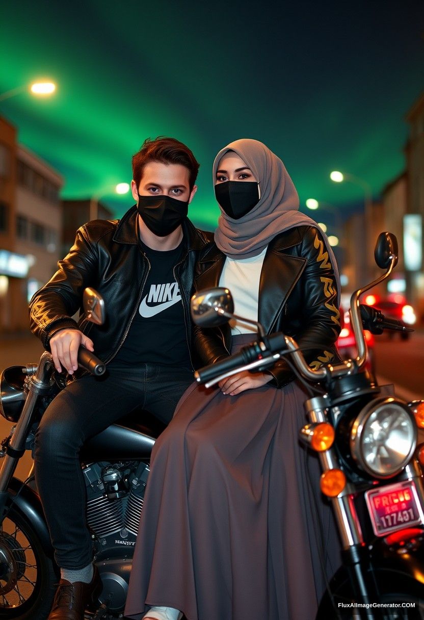 Jamie Dornan, tall, young, wearing a black face mask, a white Nike t-shirt, and jeans, 

dating a lovely, romantic Muslim girl in a grey hijab, with beautiful eyes, a black face mask, a leather jacket, and a very long, wide skirt, who is not tall, 

sitting together for a photo on a Harley Davidson motorbike in town, photorealistic street photography, at night, with aurora borealis.