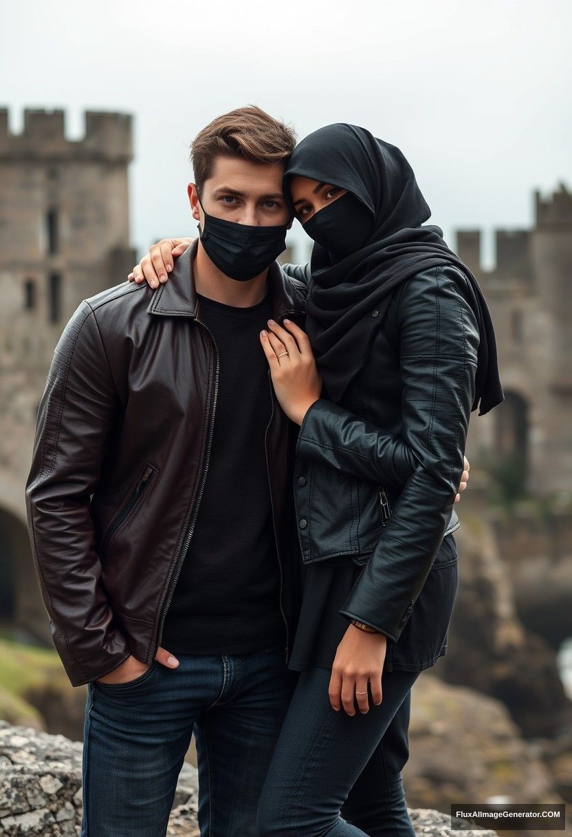 Jamie Dornan's head and body shot, handsome, youngest, face mask black, black leather jacket, jeans, dating, love with the biggest black hijab Muslim girl, not tall, beautiful eyes, face mask, maroon leather jacket, biggest black skirt, leaning on his shoulder, hyper realistic, studio photography, full body photo, explore at abandoned castle, at sea, gloomy scenery.