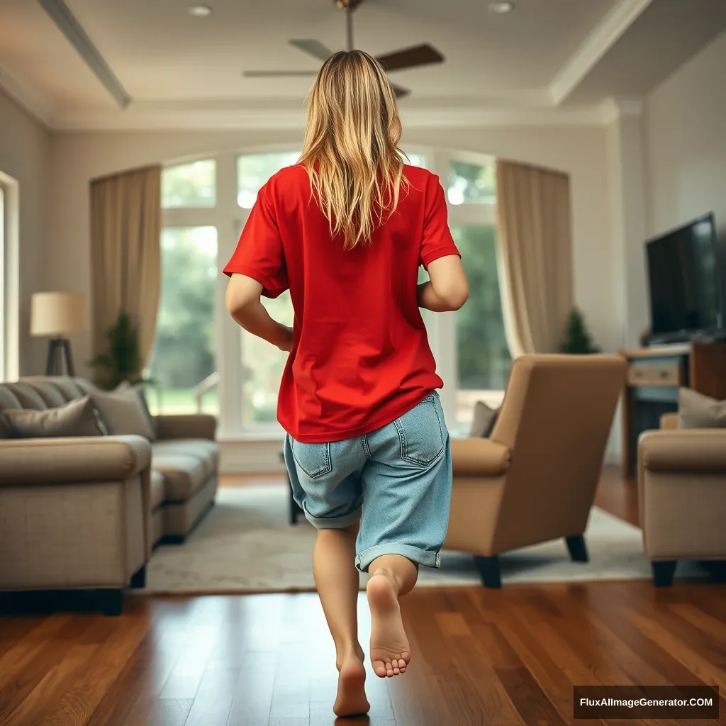 Back view of a blonde skinny woman who is in her massive living room wearing a massively oversized red polo t-shirt that is very off balance on one of the shoulders and wearing oversized light blue denim shorts that aren't rolled up. She is wearing no shoes or socks, facing the camera while getting off her chair and running towards it. - Image