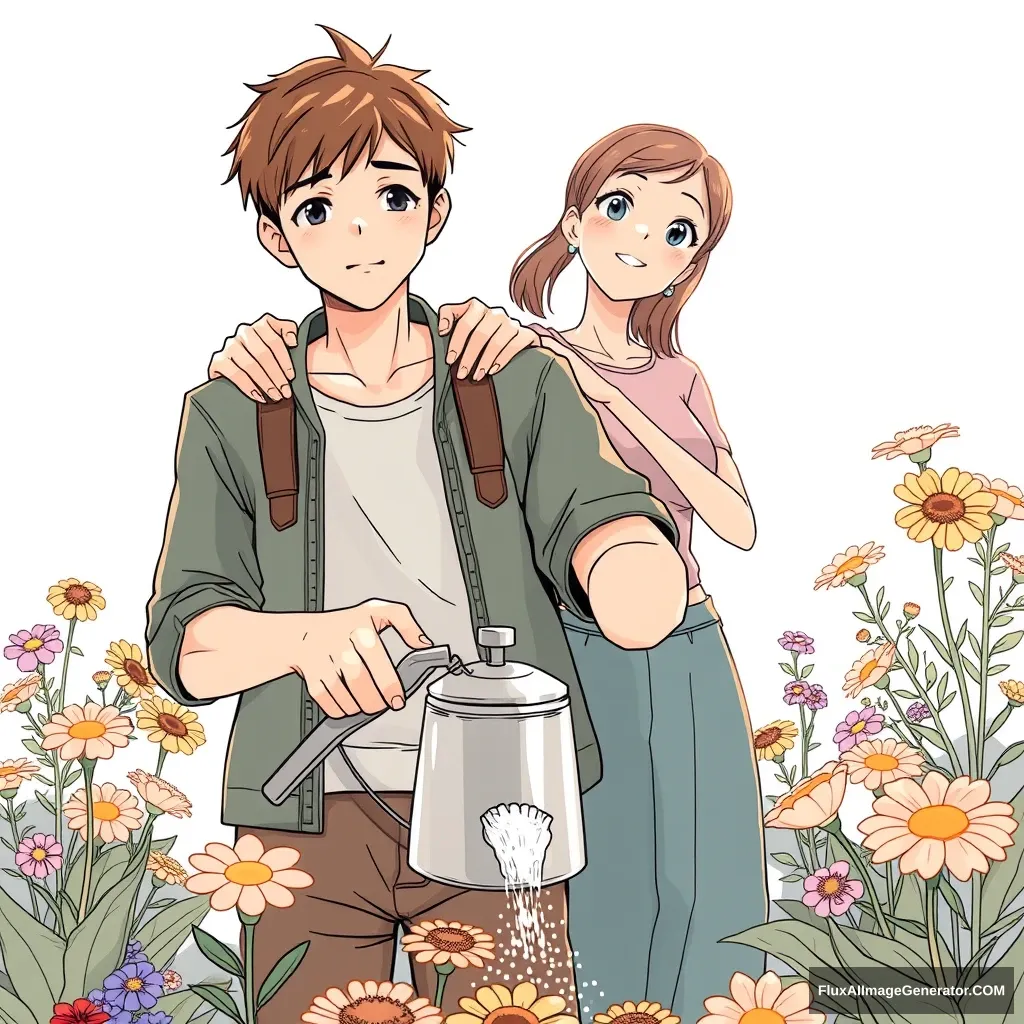 Anime lineart, front view of a handsome tall boy watering the flowers, while a young woman standing behind him puts both hands on his shoulders, tilting her head and looking curious.