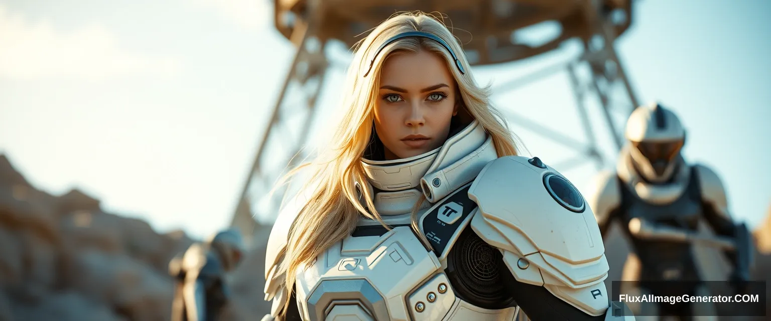 white sci-fi female armor, full armor, full shot, insulated armor, spacesuit, long blond hair, lots of fine detail, sci-fi movie style, outdoor photo, photography, natural light, photorealism, cinematic rendering, ray tracing, the highest quality, the highest detail, Cinematic, Third-Person Vi - Image