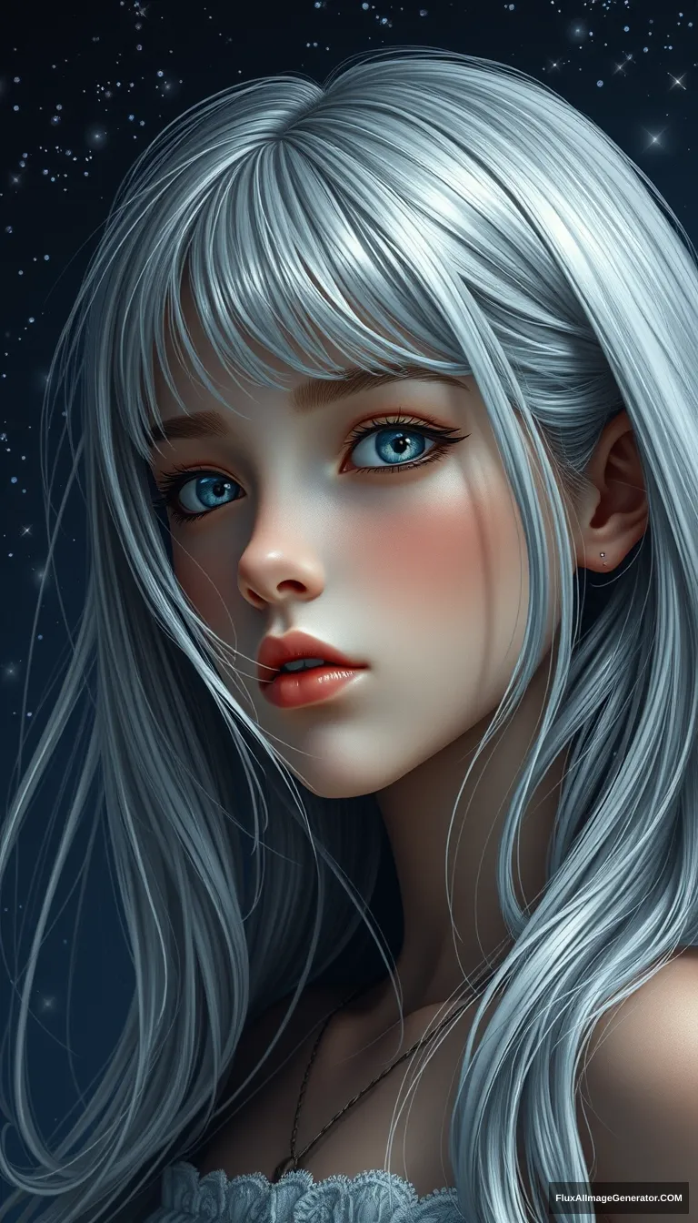 A girl with silver hair, realistic, highest quality, 8K, against a starry background.