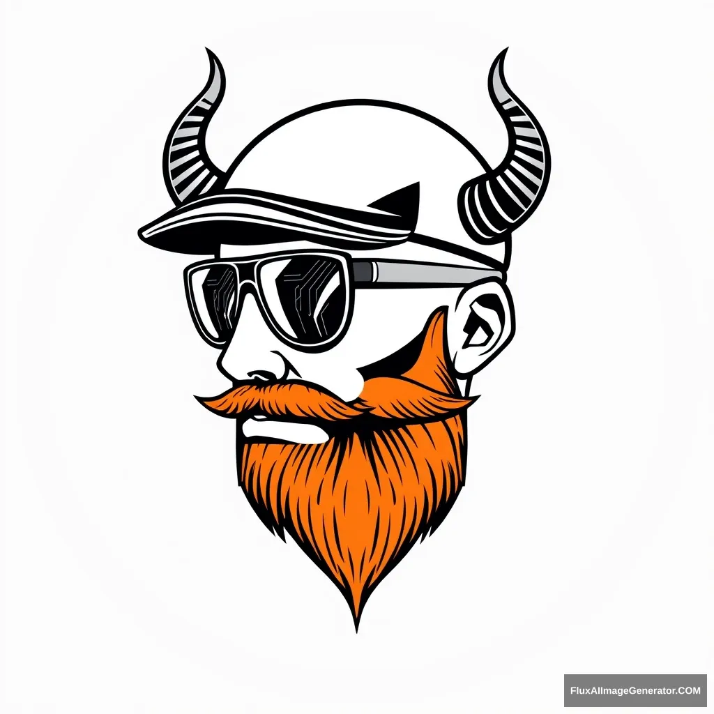 Logo design: Minimalist vector illustration of a bald human male, three-quarter view. Flat cap, striking aviator glasses reflect digital circuits. Demonic horns curl from temples. Fiery ginger beard blends seamlessly with trimmed mustache. 3D printer layer lines texture skin. Futuristic dystopian vibe. Monochromatic color scheme.