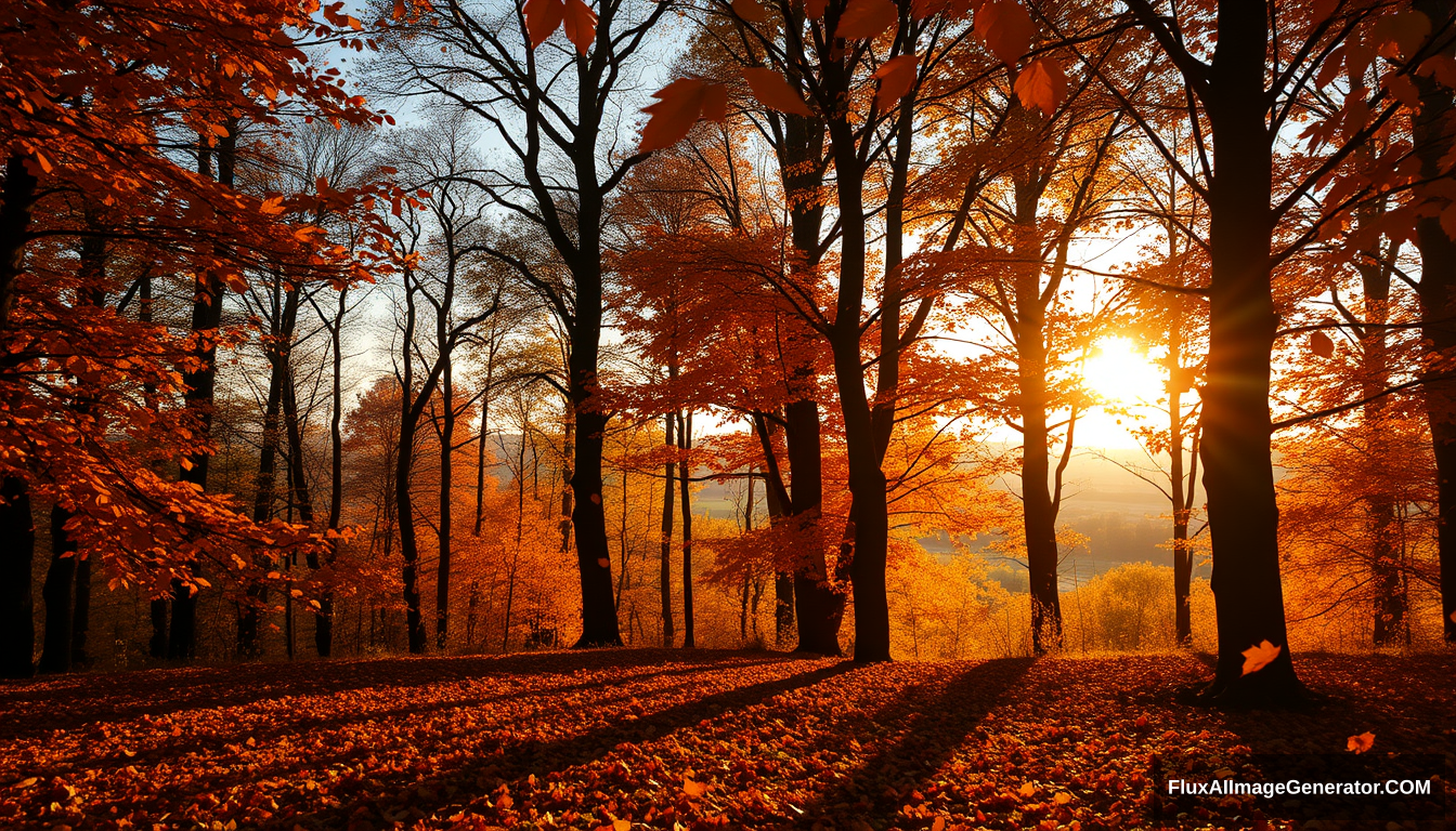 Create a highly realistic photograph of looking out from a dense beech forest in the autumn. The scene should capture vibrant orange and yellow leaves falling and dancing in the wind. The trees should have only orange and yellow leaves, with no green leaves visible. The viewer is positioned within the trees, witnessing the light from the setting sun creating soft, warm light shafts between the trees. The forest should appear thick and lush, with an opening on the horizon revealing the fields beyond. The atmosphere should be peaceful and serene, with high humidity making the light shafts more pronounced and visible. The overall mood should evoke a late autumn afternoon, with natural lighting and textures that enhance the realism. Ensure the leaves are depicted in true autumn colors without any red hues. Ensure that the sun can be seen in the image and the light shafts from the sun shine in between the trees. Ensure that we are standing on the ground inside the forest, witnessing the falling leaves and the leaves on the forest ground.