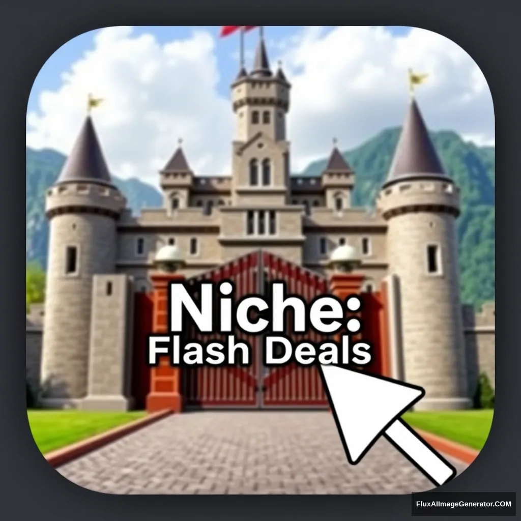 Make an Icon. A large castle in the background with the words "Niche: Flash Deals" above the gates. - Image