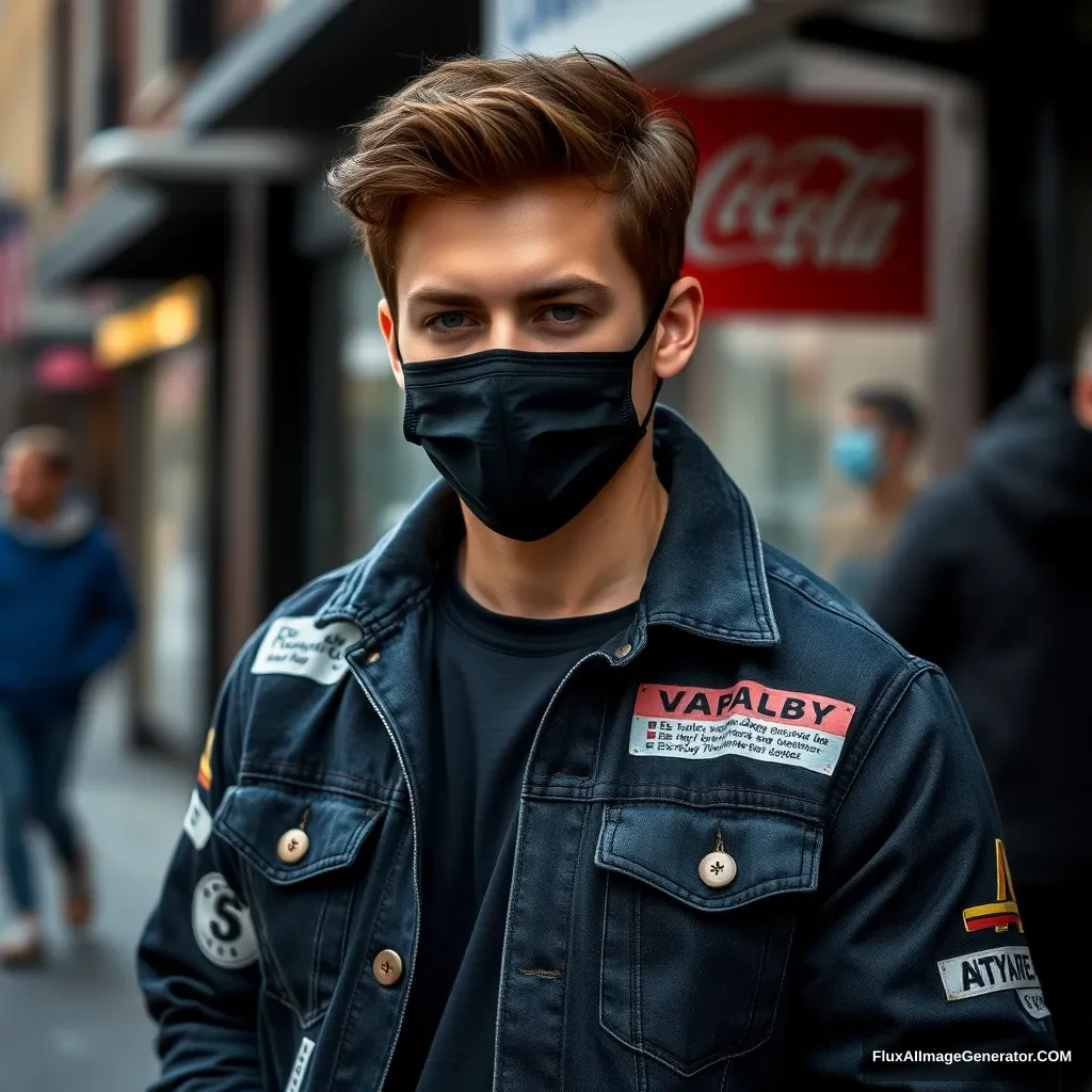 Jamie Dornan, young, black face mask, collage jacket, jeans, hyper-realistic, street photography, auralis.