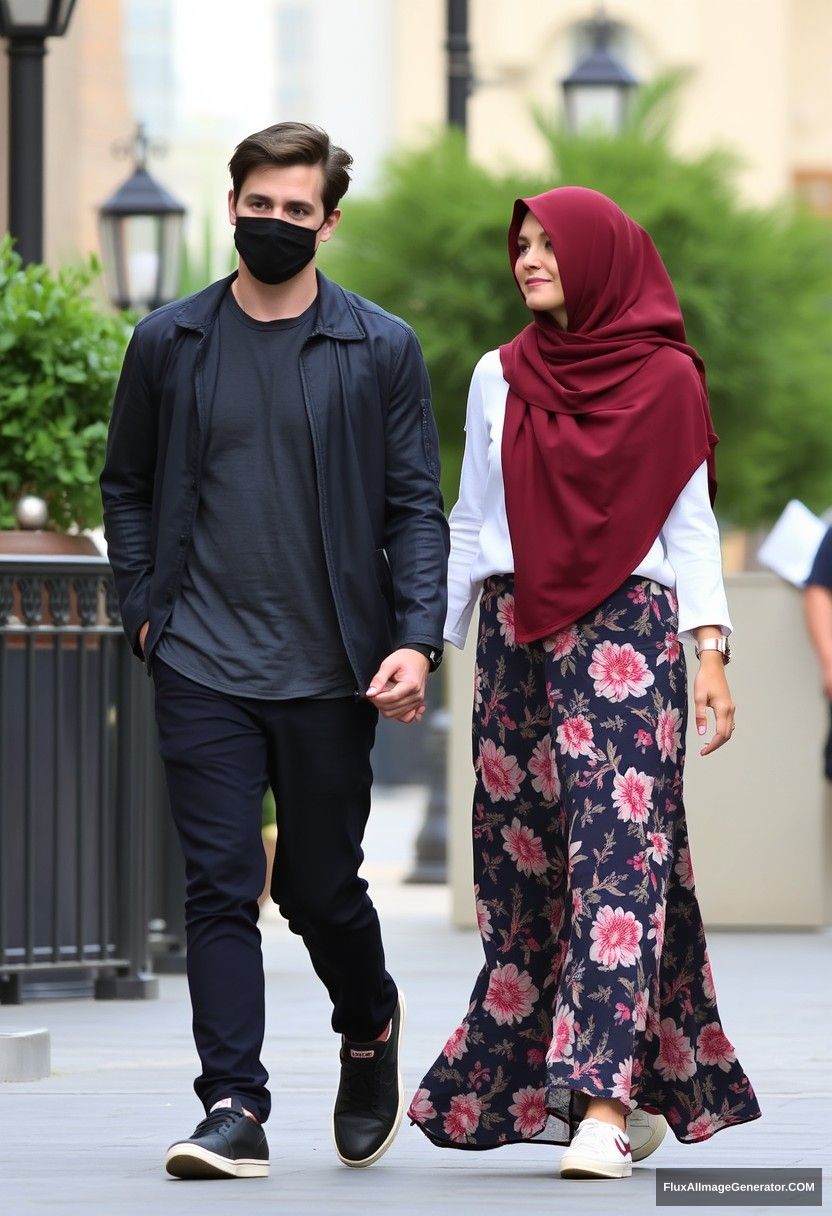 Jamie Dornan, black face mask, dating, love, walking in town with a girl wearing a large maroon hijab, slim girl, wearing a long floral skirt, sneakers. - Image