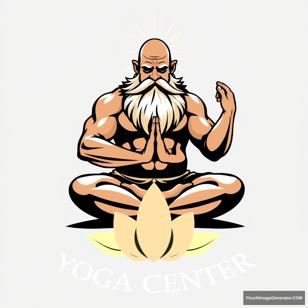 Yoga Center logo: a muscular large bald dwarf with a beard in the lotus position exchanges energies with a woman. - Image