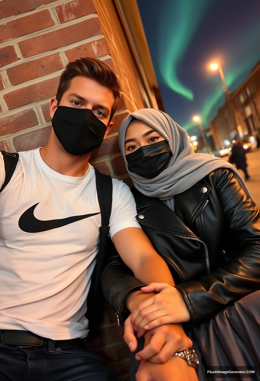 Jamie Dornan, tall and handsome, wearing a black face mask, a white Nike T-shirt, and jeans, is dating a beautiful Muslim girl in a grey hijab, who has beautiful eyes. She is wearing a black face mask, a leather jacket, and a very long, largest skirt. She is not tall. They are laying against a brick wall in town. The scene is photorealistic, capturing street photography, selfie photos, and a night scenery with the aurora borealis.