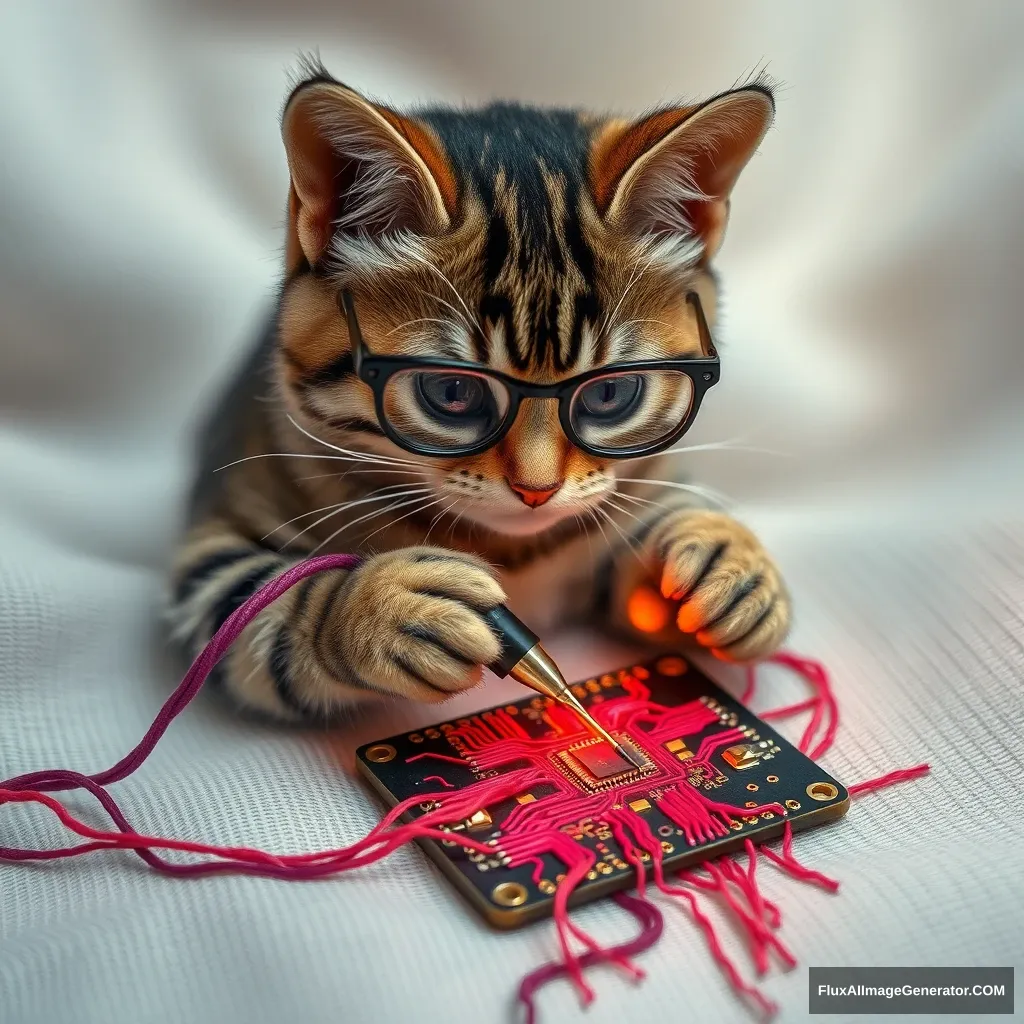 A mischievous tabby cat, wearing tiny spectacles, meticulously solders a circuit board with a miniature iron. Vibrant threads weave intricate patterns, mimicking electronic pathways. Soft fabric backdrop, warm lighting. Delicate French knots form components. Style: Hyper-realistic embroidery art, blending traditional craftsmanship with modern technology. - Image