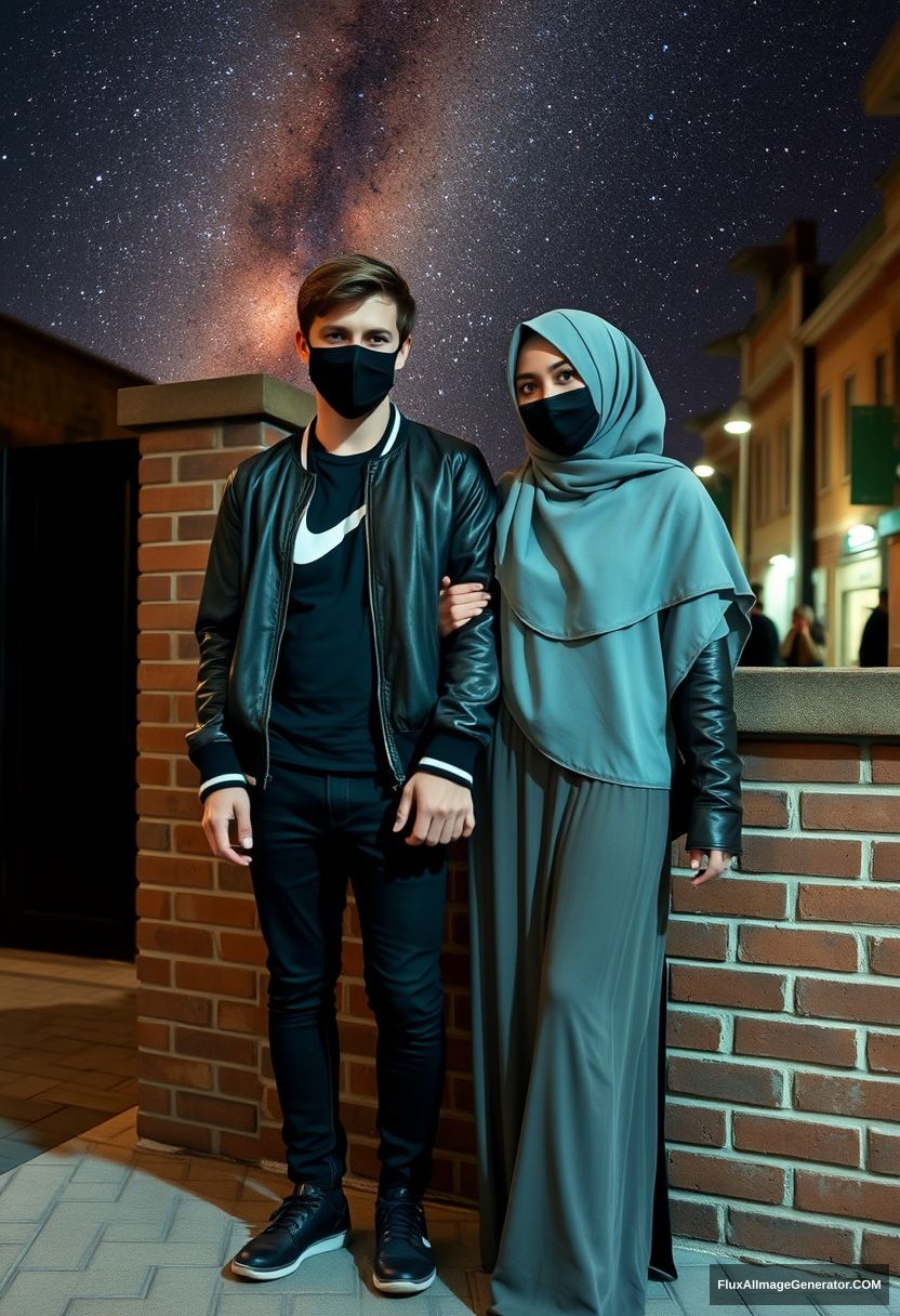 Jamie Dornan, youngest, black face mask, collage jacket, Nike t-shirt, jeans, tall man, fit body,

Dating, love with the biggest grey hijab Muslim girl, beautiful eyes, black face mask, leather jacket, largest longest skirt, slim short girl, holding his arm

standing at a brick wall, in town, night scenery, Milky Way, hyper-realistic, photorealistic, street photography. - Image