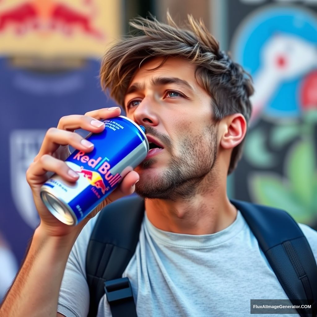 A man is drinking a Red Bull can.