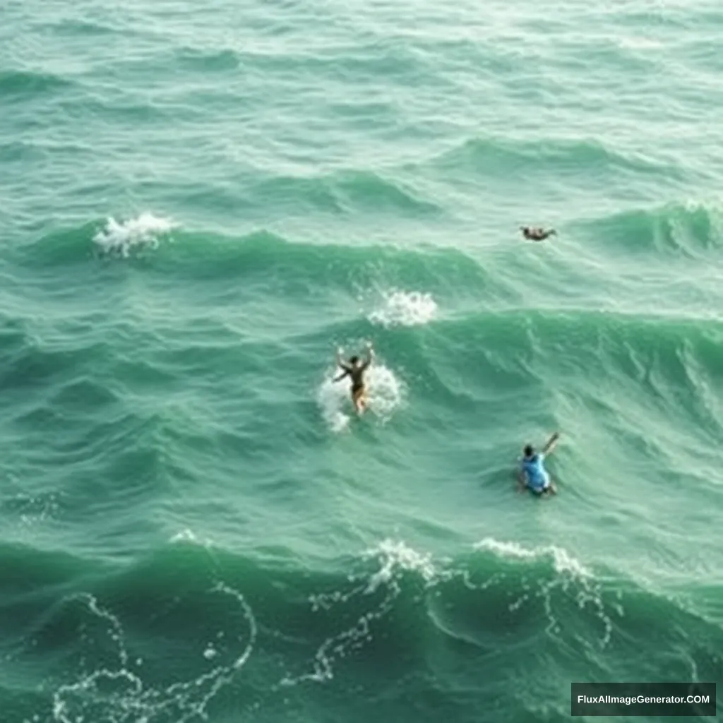 The green sea waves, people flying among the waves, people with wings.