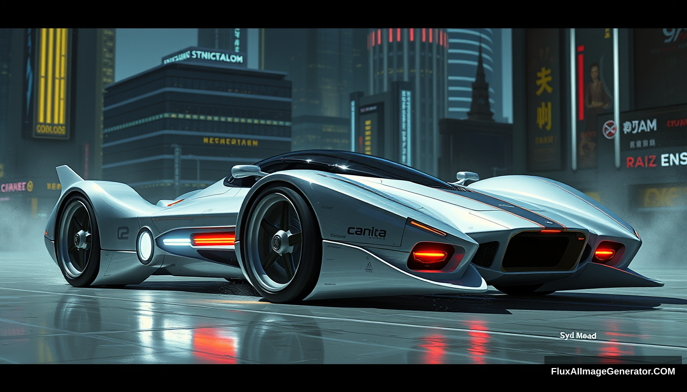 A fighter-inspired concept car, as painted by Syd Mead, in a futuristic city setting. - Image