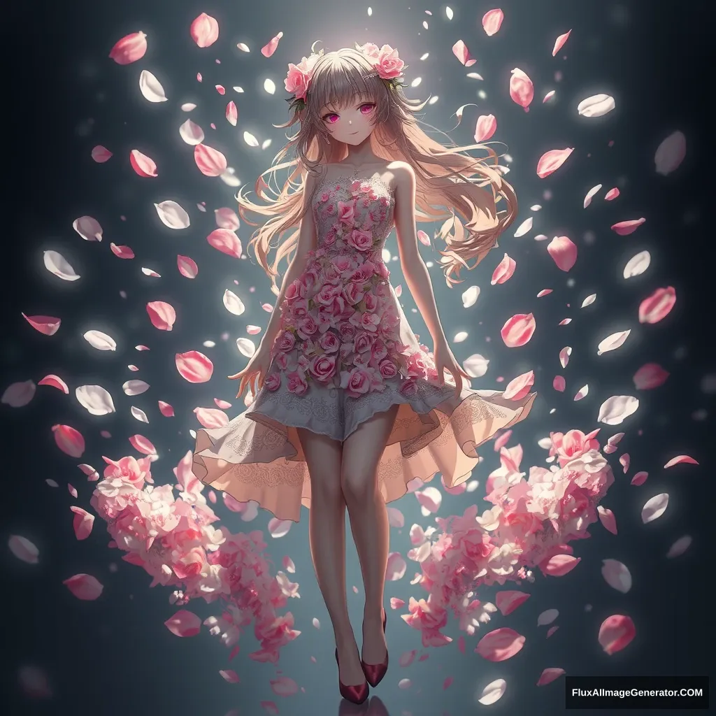 "The special effect of the body transforming into scattered petals, a 2D beautiful girl." - Image