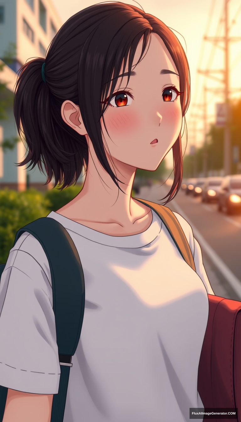 "A female high school student is on her way home from school in the evening, Asian descent, full view of the character, close-up shot."