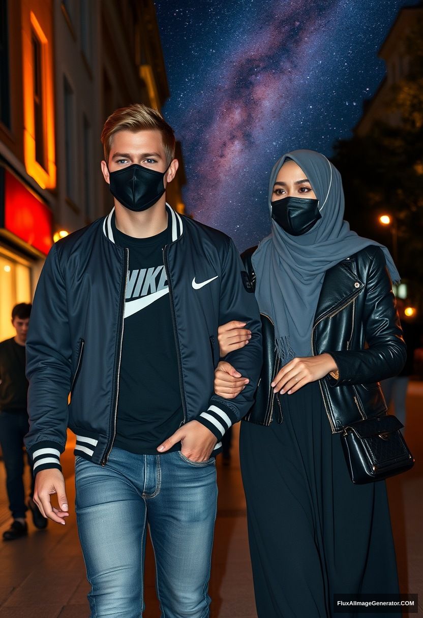 Jamie Dornan, youngest, black face mask, collage jacket, Nike t-shirt, jeans, tall man, fit body,

Dating, love with the biggest grey hijab Muslim girl, beautiful eyes, black face mask, leather jacket, biggest longest skirt, slim short girl, holding his arm.

Walking in town, night scenery, Milky Way, hyper-realistic, photorealistic, street photography.