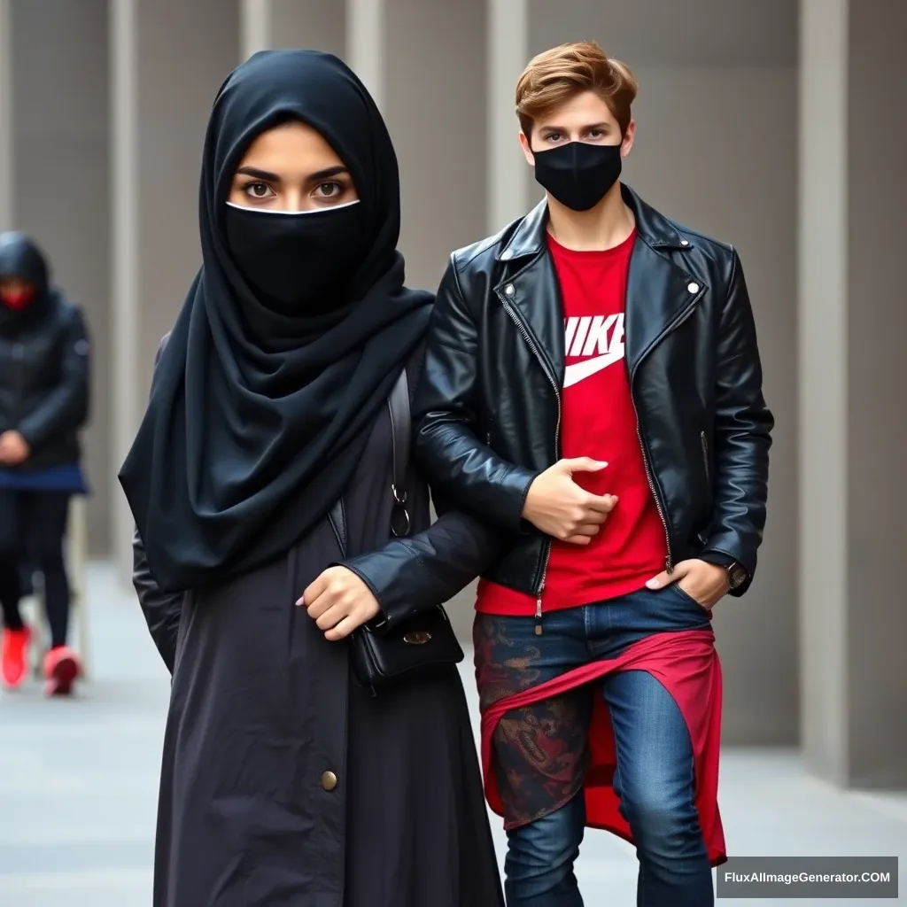 A big black hijab girl, beautiful eyes, black face mask, black leather jacket, the longest and biggest red dress, standing holding his arm,

Jamie Dornan, handsome, youngest, black face mask, red Nike t-shirt, black leather jacket, jeans, red sneakers. - Image