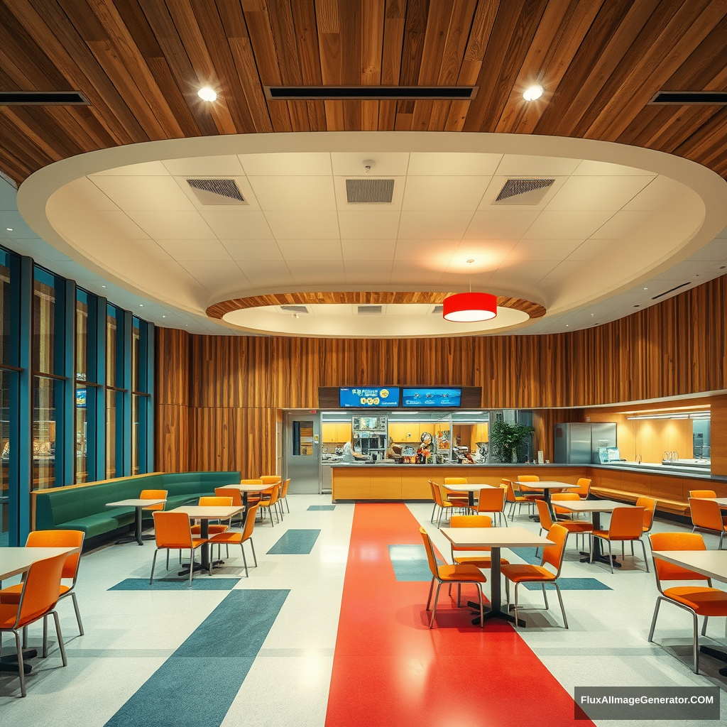 interior, company cafeteria, modern, wood panel, movie scene, colorful