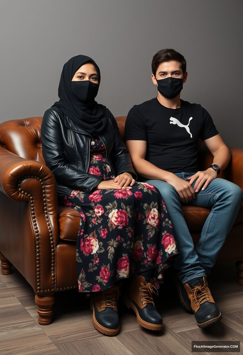 A biggest black hijab girl, slim girl, beautiful eyes, face mask black, black leather jacket, biggest floral long dress, Timberland boots, sitting on a leather single wing sofa,

Jamie Dornan, youngest, in a black Puma t-shirt, jeans, black leather sneakers, tall man, face mask black, fit body, sitting near her,

hyper-realistic, studio photography. - Image