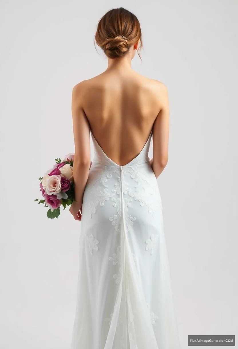 a young woman, sensitive, delicate, ashamed, backless strapless low-waisted wedding dress - Image