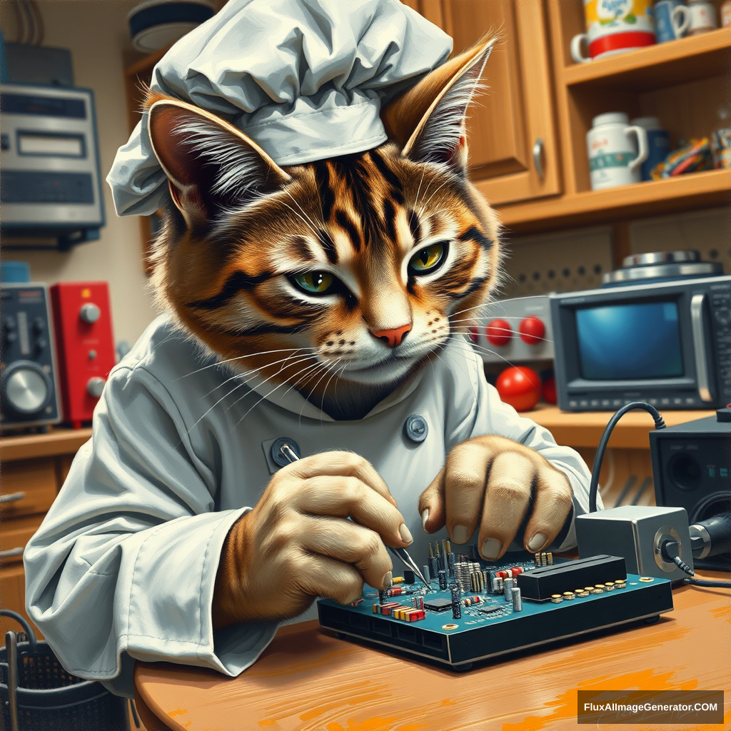 A hyper-realistic feline chef, whiskers twitching with concentration, delicately solders surface mount capacitors and resistors on a circuit board. The kitchen-turned-workshop buzzes with electronic equipment. Meticulous brushstrokes capture every fur detail, creating a surreal blend of domestic and technological worlds.