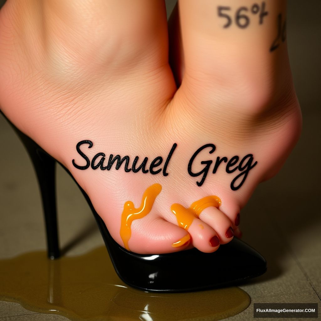 The name "Samuel Greg" on a woman's foot in a black high heel. There is oil all over the foot. - Image