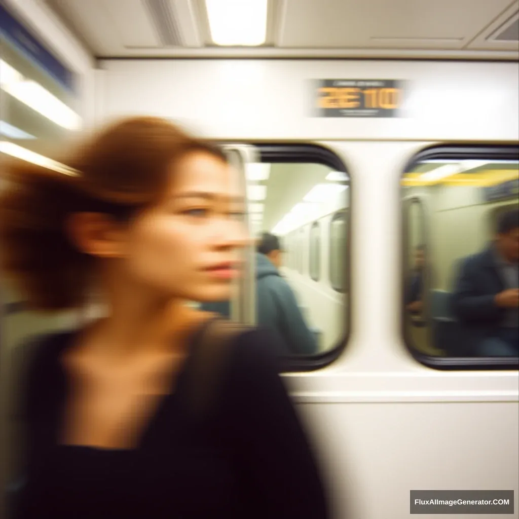 A blurry photo of a woman in the subway with motion blur, photographed in the style of Todd Hido and Alex Prager, with a minimalist, hyper realistic, cinematic style using bokeh and a shallow depth of field with 35mm film grain, at a resolution of 2076x984. - Image