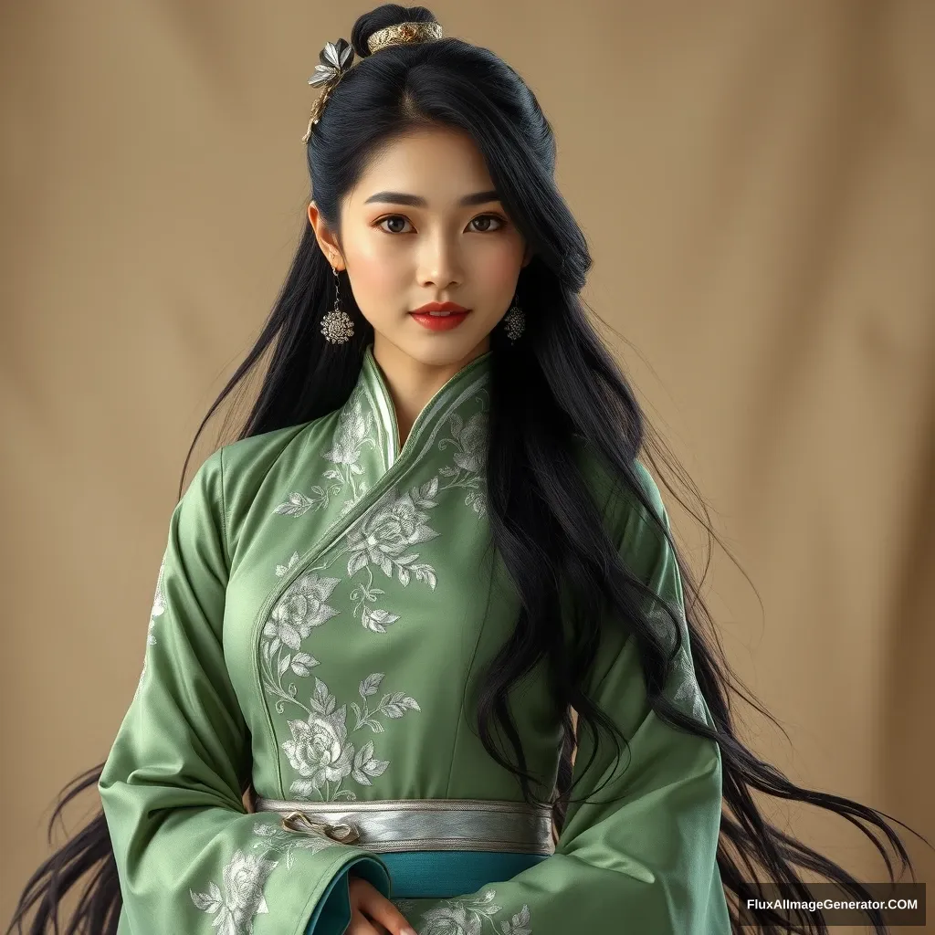 A beautiful woman in ancient attire, with an Asian face, fair skin, mature and charming, long black hair, a simple silver hair accessory, fitted clothing, a grass green and silver white ancient costume decorated with silver white floral patterns, tight sleeves with arm guards, featuring delicate embellishments, antique and elegant, flowing and lively, full of charm, dressed in an ancient style with long hair, long legs, a tall figure, exuding the aura of an ancient female warrior, wearing greenish blue slender strappy high-heeled shoes. - Image