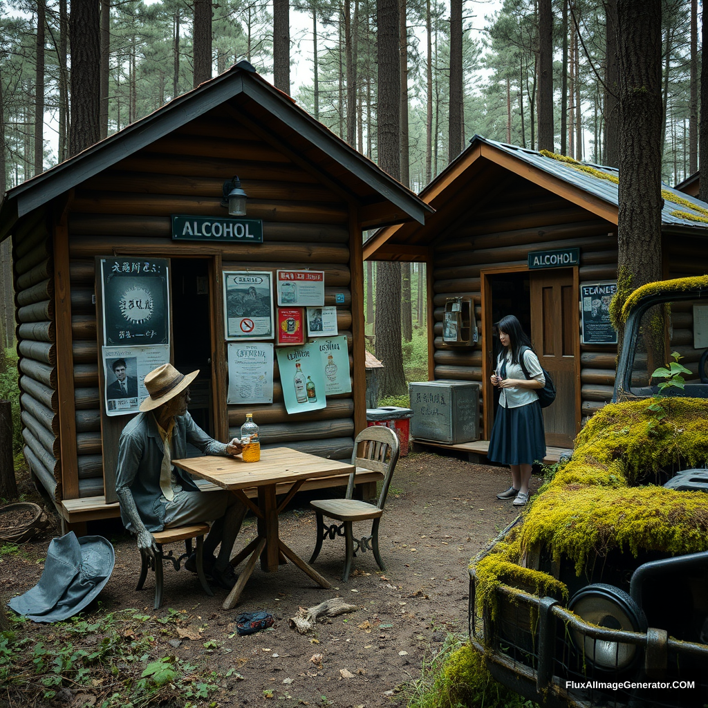 Real-life photography, wide shot: In the forest, there are two wooden cabins selling alcohol, and a dressed zombie comes to buy some. Next to the cabin, there is one table and two chairs, with a zombie wearing a hat sitting and drinking. A Japanese female student wearing a school uniform skirt is selling the alcohol. There is also an abandoned off-road vehicle nearby, covered in moss and weeds.