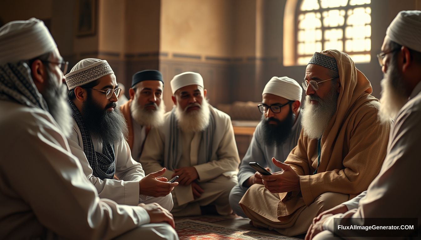 A group of Muslims discussing in Ultra HD, realistic, educational, with warm and cinematic lighting.