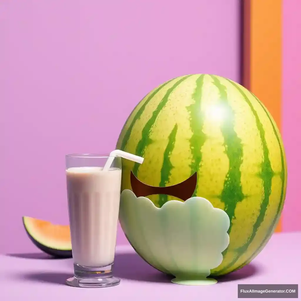 'a melon drinking a milkshake with a straw'