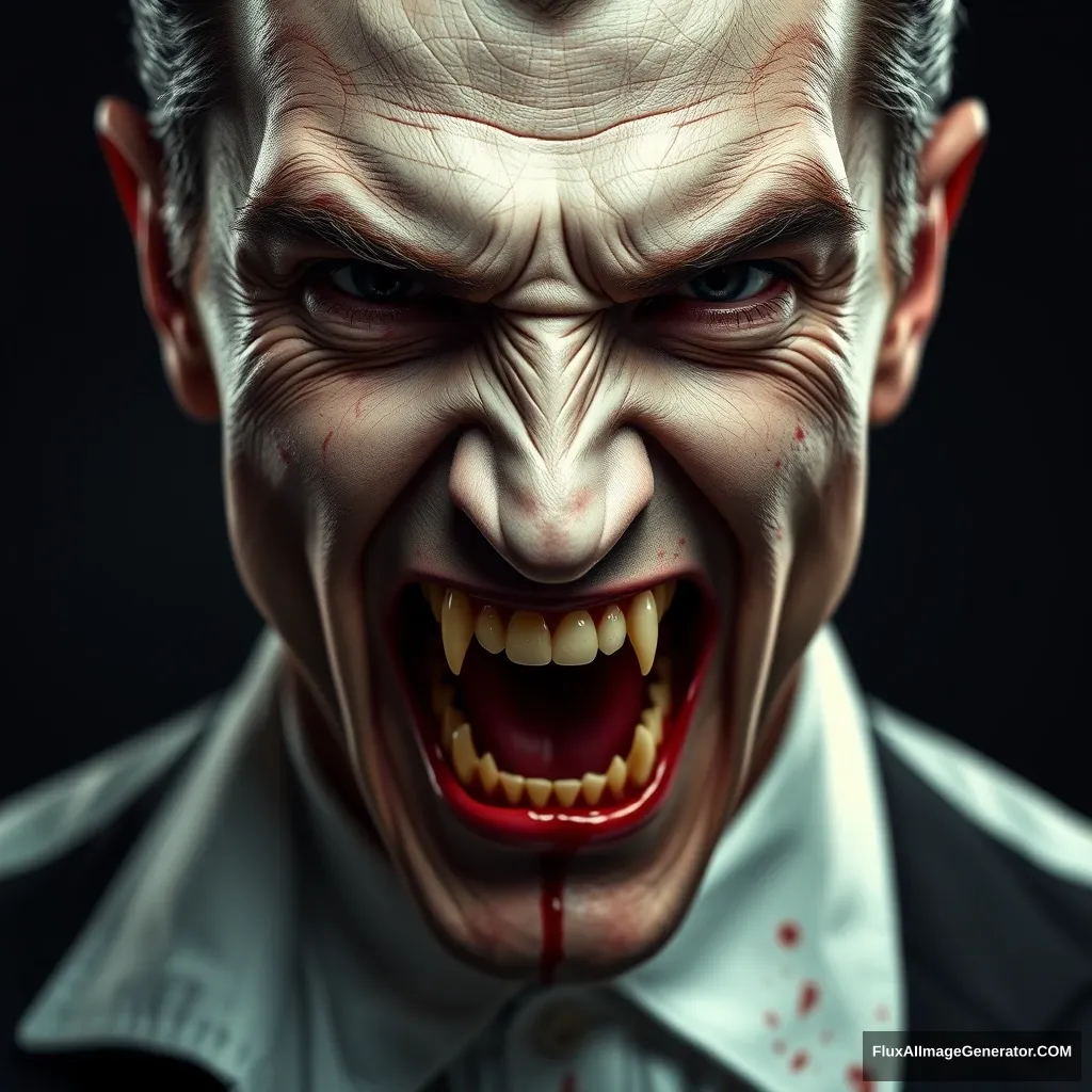 Dracula man, handsome, sharp teeth, blood, hyper realistic, studio photography - Image