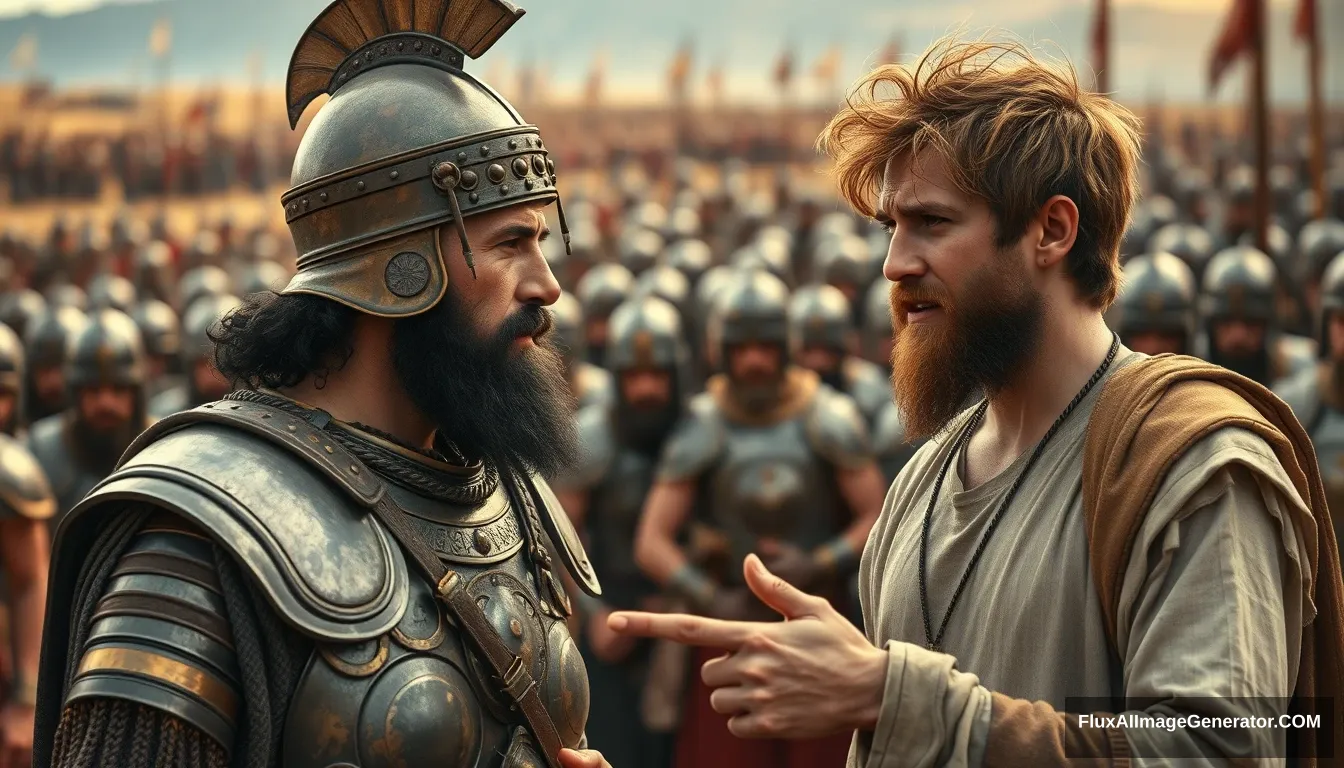 Create an image of two men arguing while onlookers crowd around. The man on the right is a young man with messy unkempt hair and a short beard, wearing just a simple biblical-era shepherd’s tunic. He has a serious expression and is looking intently into the eyes of the man he is arguing with, gesturing with his right hand and pointing away from the king, as if explaining something to a middle-aged Mesopotamian king. The king has a black beard and is dressed in a full suit of bronze-age Mesopotamian armor with laminated strips of bronze and a conical helmet with a pointed tip. The background shows a blurred crowd of soldiers, also wearing armor similar to the king's. Standing on the horizon further in the background is a blurred front of a large biblical-era army. The overall mood of the image is one of anxiety and concern. - Image