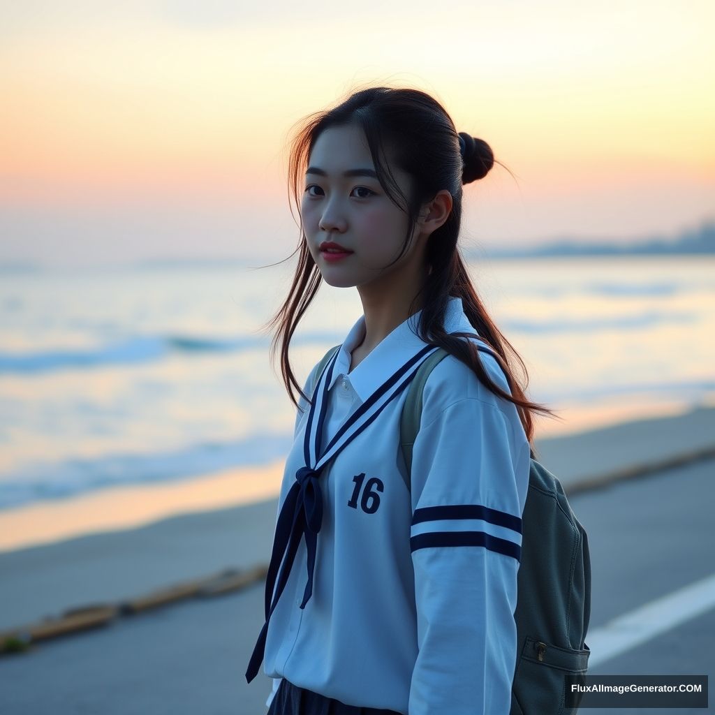 A female student walking by the seaside, beach, dusk, Chinese, street, Chinese school uniform, 16 years old.