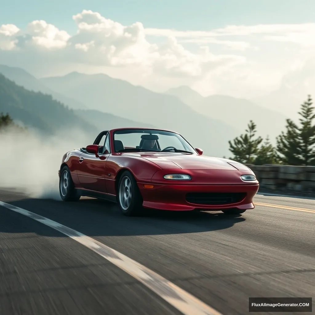 Create an image of a red 1991 Mazda Mx5 drifting on a mountain road.