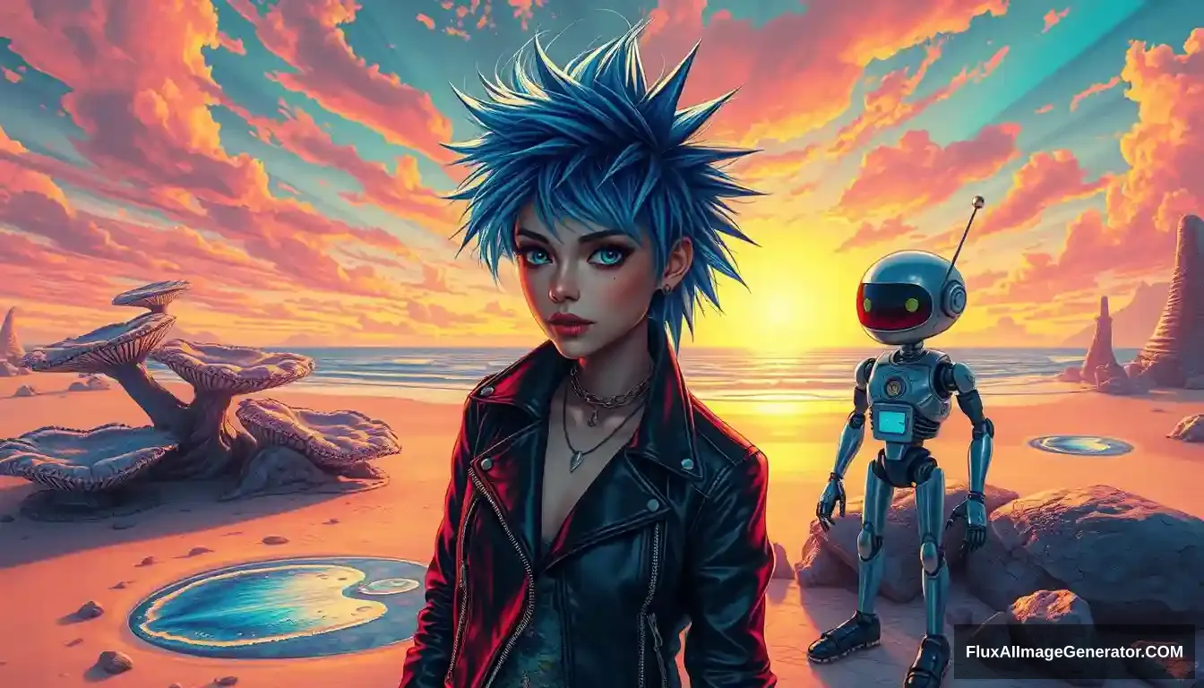 A vivid, high-contrast scene features a punk girl with electric blue spiky hair rendered in the intricate style of Enki Bilal with ray tracing effects. Photo: Digital painting of a vivid, high-contrast scene features a punk girl with electric blue spiky hair and a leather jacket, beside a charming retro-futuristic robot in Hawaiian shorts, on a surreal alien beach adorned with iridescent fungi and shimmering lakes, all beneath a vibrant, dreamlike sky.