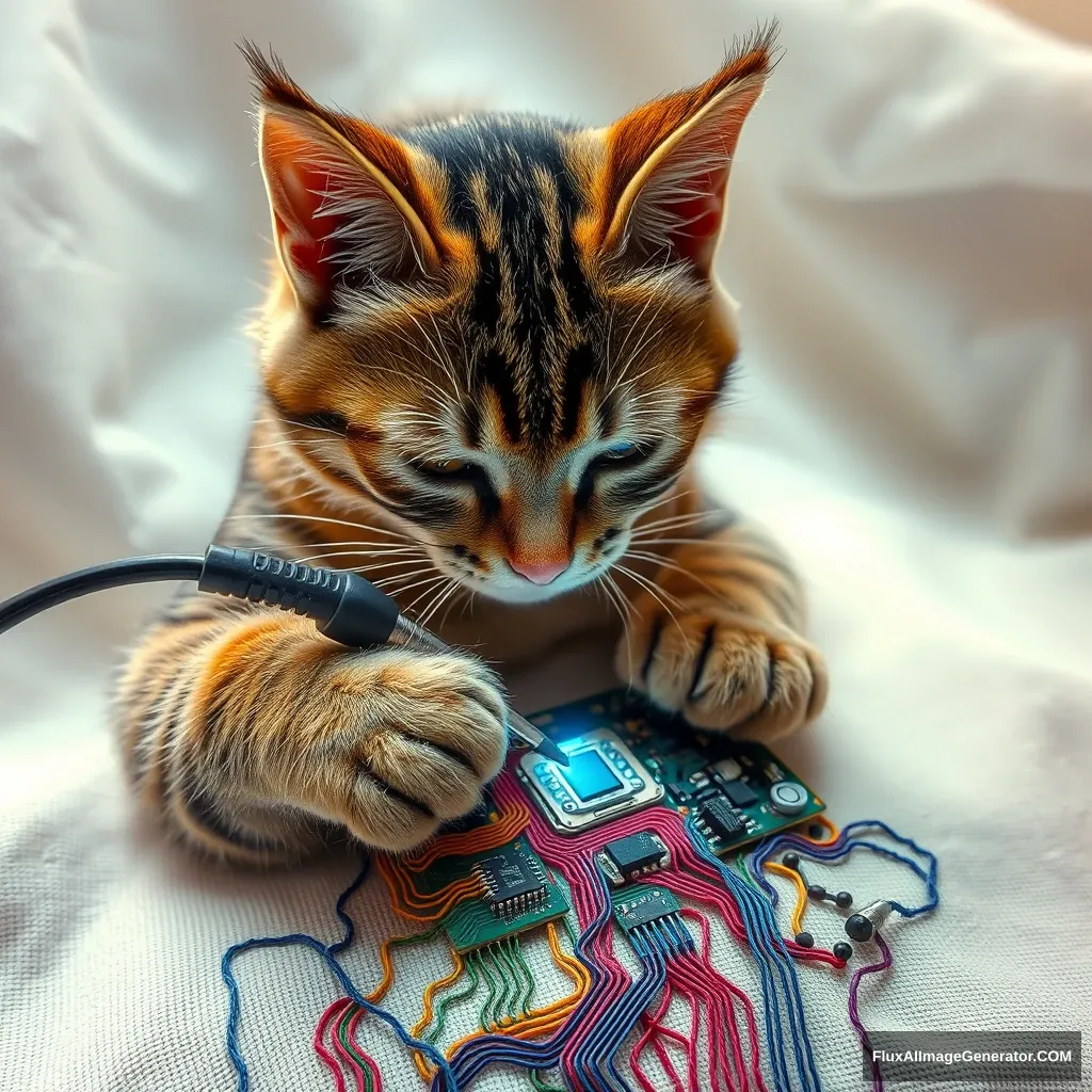 A mischievous tabby cat meticulously solders a circuit board with a miniature iron. Vibrant threads weave intricate patterns, mimicking electronic pathways. Soft fabric backdrop, warm lighting. Delicate French knots form components. Style: Hyper-realistic embroidery art, blending traditional craftsmanship with modern technology. - Image